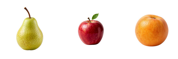Fresh green pear, red apple, and orange on white background  
