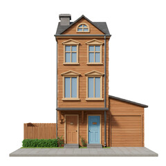 Three Story Wooden House with Blue Door and Garage