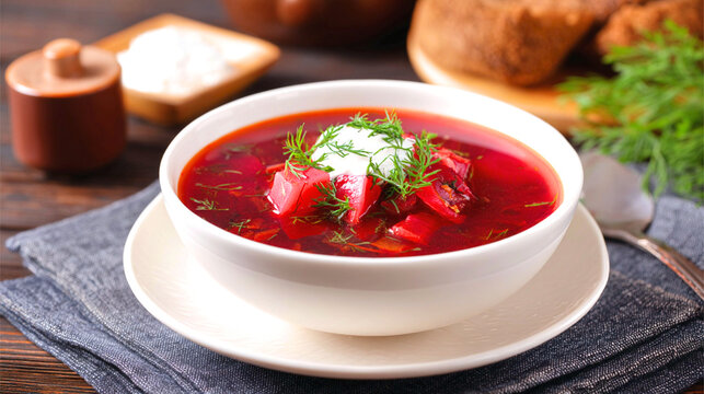 Delightful borscht in a cozy setting inviting warmth on a chilly day with fresh herbs and creamy topping