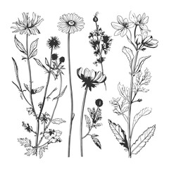 Wildflower Botanical Line Art Collection – Hand-Drawn Field Flowers and Daisies Sketch Set