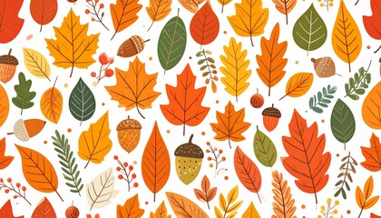Seamless Autumn Leaf Pattern with Acorns and Berries in Warm Fall Colors