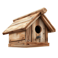 Wooden birdhouse isolated on a transparent background. Small birdhouse with pitched roof and round hole in the front. Classic bird nesting box made of wood for outdoor use or design mockups.