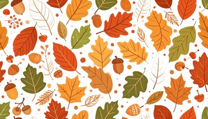 Seamless Autumn Leaf Pattern with Acorns and Berries in Warm Fall Colors