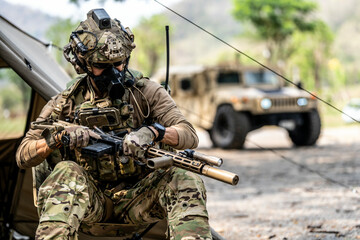 Elite Special Forces Soldier in Tactical Gear Preparing Weapon – Combat Mission Readiness Near...
