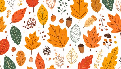 Seamless Autumn Leaf Pattern with Acorns and Berries in Warm Fall Colors