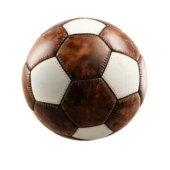 Vintage leather soccer ball isolated on a transparent background. Classic football with brown and white stitched panels, front view. Used in sports visuals, equipment mockups, and game design.