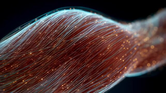 Muscle fibers glowing during dynamic recovery visualization, highlighting advanced medical science and healing process of athletic rehabilitation