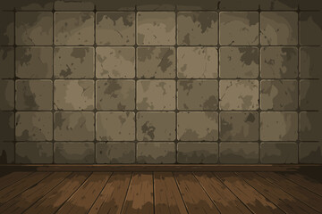 Vintage room interior with grunge concrete tile wall and wooden floor. Empty dark dungeon or basement background. Old weathered stone blocks texture. Vector cartoon illustration.