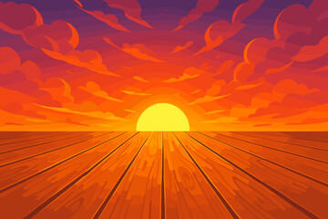 Warm wooden planks perspective leading to a vibrant sunset. Vector cartoon illustration of a sun on the horizon with orange and purple clouds. Scenic evening or sunrise view from a dock.