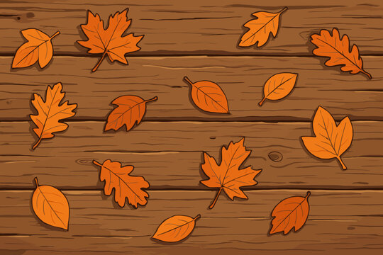 Autumn background with orange leaves on a rustic wooden table. Vector cartoon illustration of fall foliage scattered on weathered wood planks. Top view flat lay for seasonal design. - Powered by Adobe