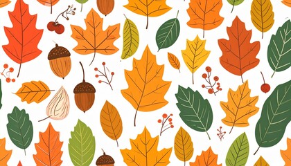 Seamless Autumn Leaf Pattern with Acorns and Berries in Warm Fall Colors