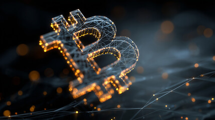 Digital Bitcoin Matrix: A grid of glowing Bitcoin symbols on a dark digital background representing blockchain network and cryptocurrency data.