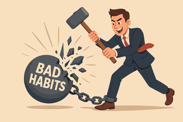 Businessman breaking bad habits vector concept. Man with sledgehammer shatters heavy ball and chain. Metaphor for freedom, liberation, overcoming addiction, and self improvement.