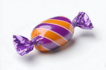 Purple and orange striped candy wrapped in transparent packaging
