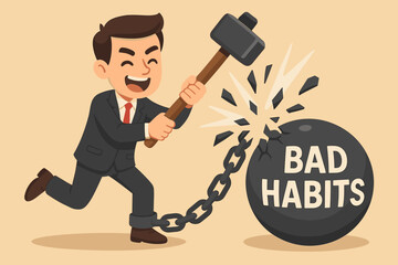 Businessman breaking free from bad habits. Liberation metaphor. Man uses hammer to shatter heavy ball and chain. Concept for overcoming addiction, willpower, freedom, success.
