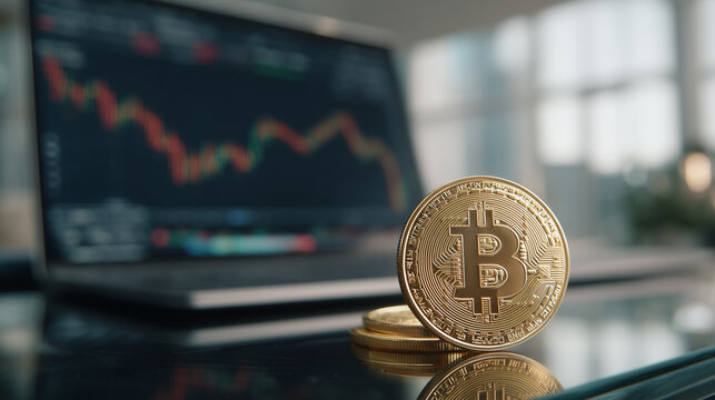 Bear Market and Crypto Loss: A physical Bitcoin coin in front of a laptop displaying a falling stock market chart, illustrating a financial crisis or loss.