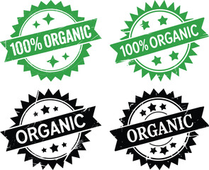Obraz premium Four organic seals in green and black with stars and text on a white background