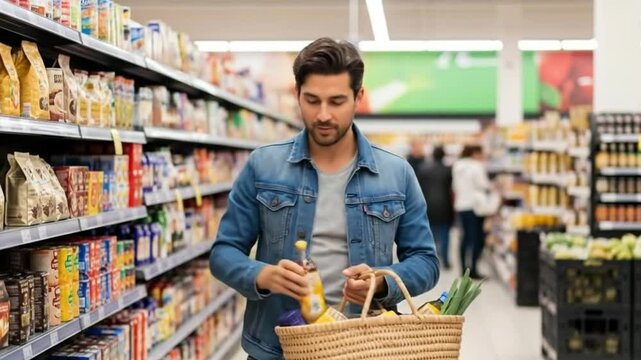 A man carrying a basket and reaching up to the top shelf to take an item while grocery shopping in his local supermarket