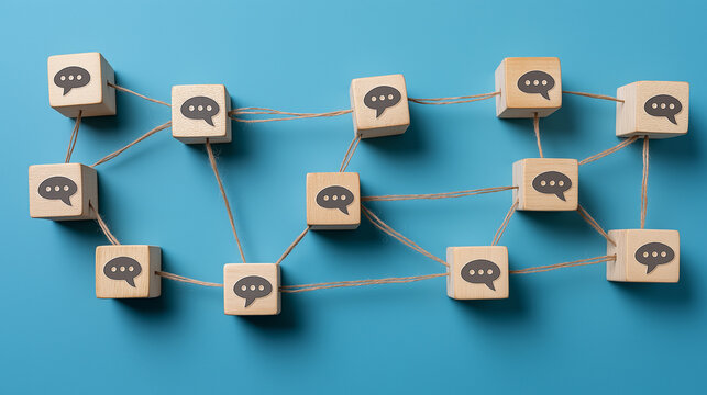 Workplace Communication Network, Wooden Cubes with Message Icons Connected by Line, Team Collaboration and Organizational Information Flow Concept