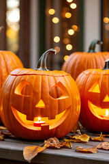 Obraz premium Spooky Halloween Pumpkins: Illuminated Jack-O'-Lanterns on a Wooden Porch