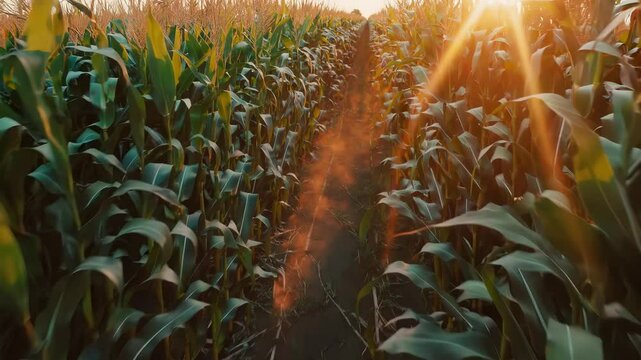Path between corn rows in full growth. Rural corn field in harvest stage. Farm plants show lush leaves. Organic agriculture captured at sunset. Crop lines in nature form rich pattern.