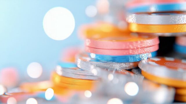 Casino Chips Stacking: A macro shot captures the allure of a pyramid arrangement of casino chips, featuring a blur of lights, symbolising the thrill of gambling. 