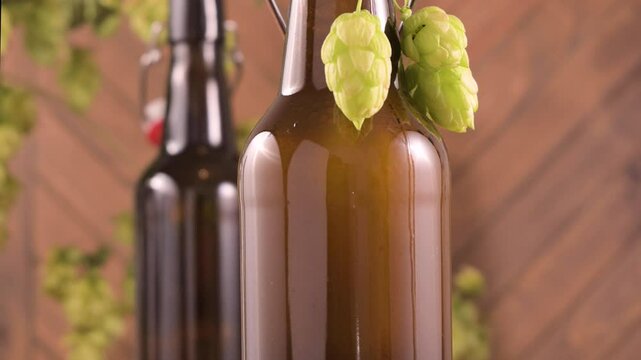 Macro shot of a cold brown beer bottle with a droplet of condensation slowly sliding down. Fresh green hops decorate the bottle. Symbol of refreshment, thirst, and artisanal brewing. High 4k footage