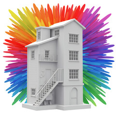 Grayscale House with Rainbow Burst Background