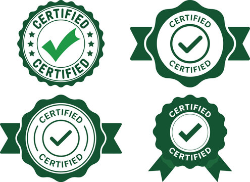 A collection of four green certified badge designs on a white background