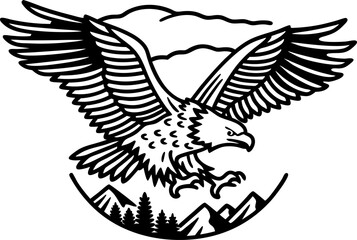 Obraz premium Majestic eagle with outstretched wings, flying over mountains and pine trees in black and white illustration