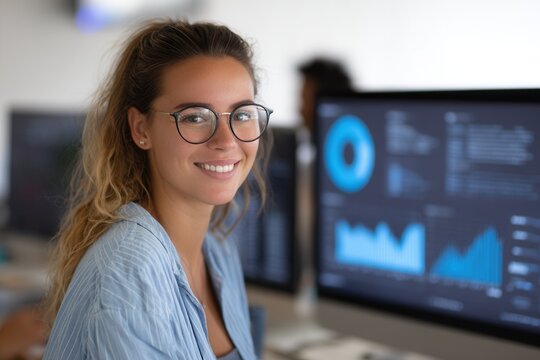 Young caucasian female analyst smiling at workstation with data on screen.
