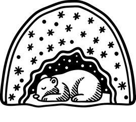 Fototapeta premium Sleeping bear in winter cave, isolated illustration hibernation, animal and snowflake pattern, cozy den