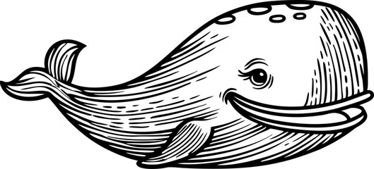 Fototapeta premium Smiling whale illustration with detailed line art happy ocean animal, black and white marine mammal drawing