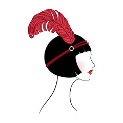 Vector illustration of a glamorous 1920s flapper girl in Art Deco style, with red feather and elegant silhouette. Perfect for vintage party invites, jazz events, themed weddings, or retro decor.