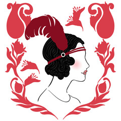 Vector illustration of a glamorous 1920s flapper girl in Art Deco style, with red feather and elegant silhouette. Perfect for vintage party invites, jazz events, themed weddings, or retro decor.