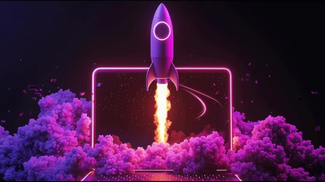 Neon Rocket Launch Through Digital Portal with Pink Smoke Cloud
