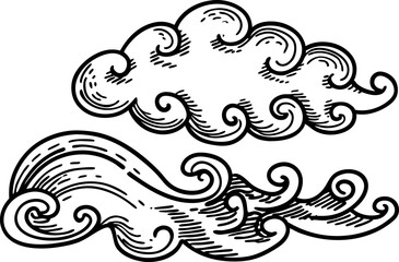 Hand drawn swirling cloud and wave set vintage style, black line ornamental sky and water elements illustration