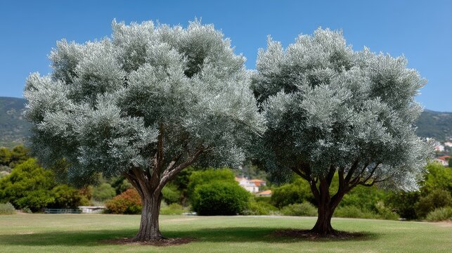 Fototapeta Old olive tree with two trunks rises above smaller trees under a clear blue sky on the beautiful island of Lesbos.