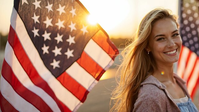 Portrait of a smiling woman with blonde hair posing with an american flag at sunset


