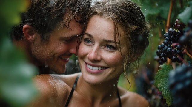 Couple in Rainfall Near Grapes, Embracing and Smiling Under Vine Canopy