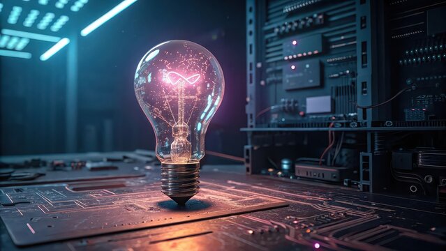 A glowing lightbulb sits on a circuit board in front of a server rack in a dark room setting