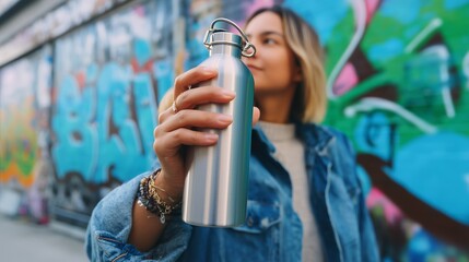 Young woman holds metal water bottle against colorful urban graffiti background, promoting sustainability and hydration