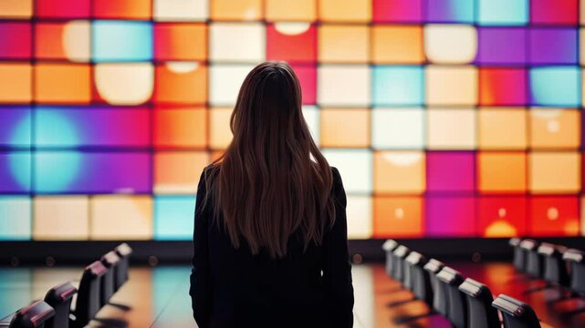 Young woman with long hair standing in front of colorful digital screen wall in modern conference room. Concept of innovation, immersive experience, digital technology, creative presentation space