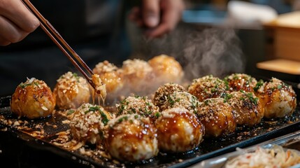 Naklejka premium Close-up view of takoyaki being prepared on a griddle.