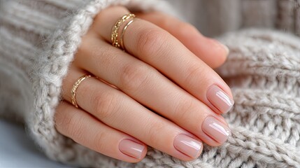 Close-up of a hand with beautifully styled pastel gradient nails and gold rings, accentuated by soft and natural lighting.