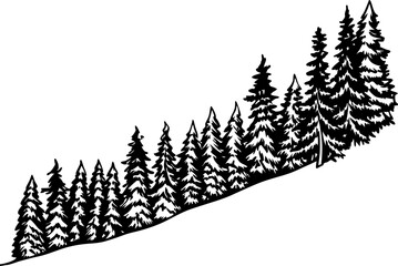 Obraz premium Pine forest silhouette on sloped hillside evergreen trees, woodland landscape, nature scenery, wilderness illustration