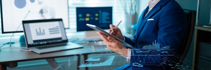 Businessman analyzing financial data on a digital tablet with modern business technology and analytics