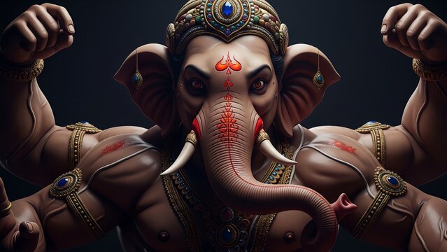 Powerful and fierce depiction of Lord Ganesha closeup in battle form, symbolizing strength and divine authority - Powered by Adobe