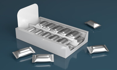 Realistic silver foil pouches on blue glossy surface next to display box with pouches. 3d illustration