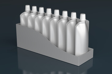 Realistic mockup of doypack stand-up spouted pouches in display box on blue glossy surface. 3d illustration